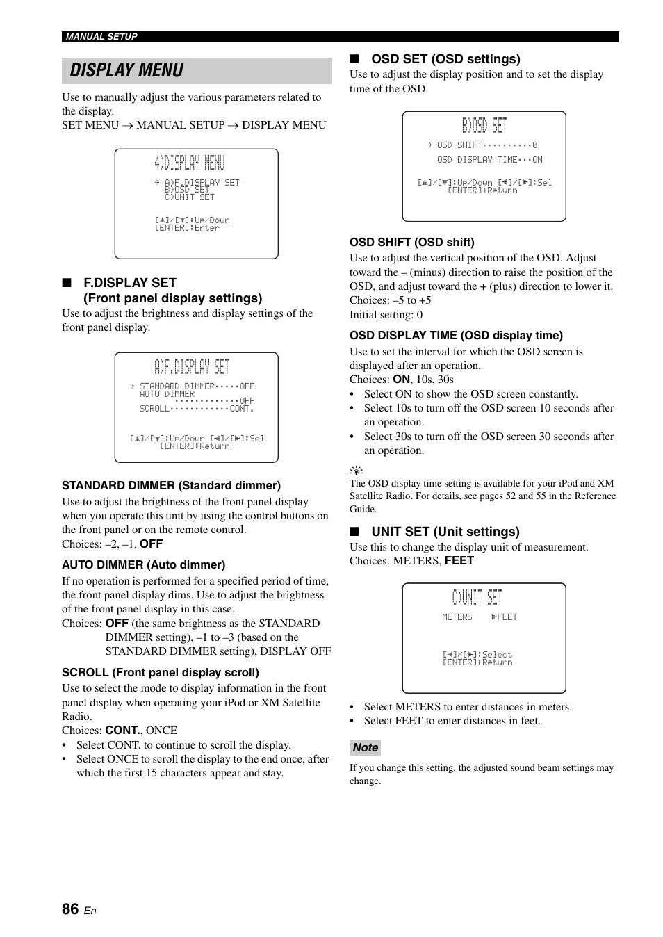 Display menu, 4)display menu, A)f.display set | B)osd set, C)unit set | Yamaha Digital Sound Projector YSP-3050 User Manual | Page 90 / 118