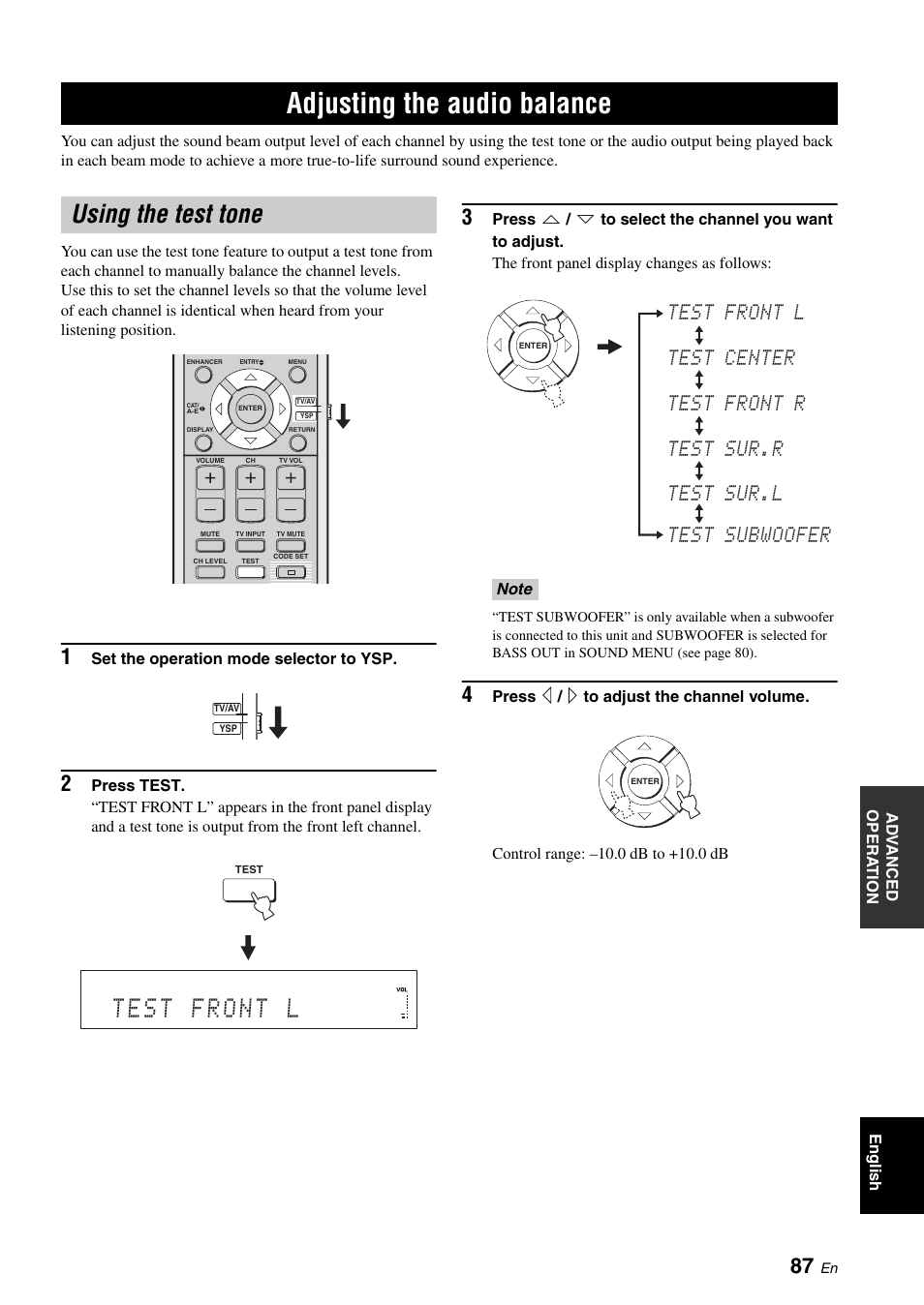 Adjusting the audio balance, Using the test tone | Yamaha Digital Sound Projector YSP-3050 User Manual | Page 91 / 118