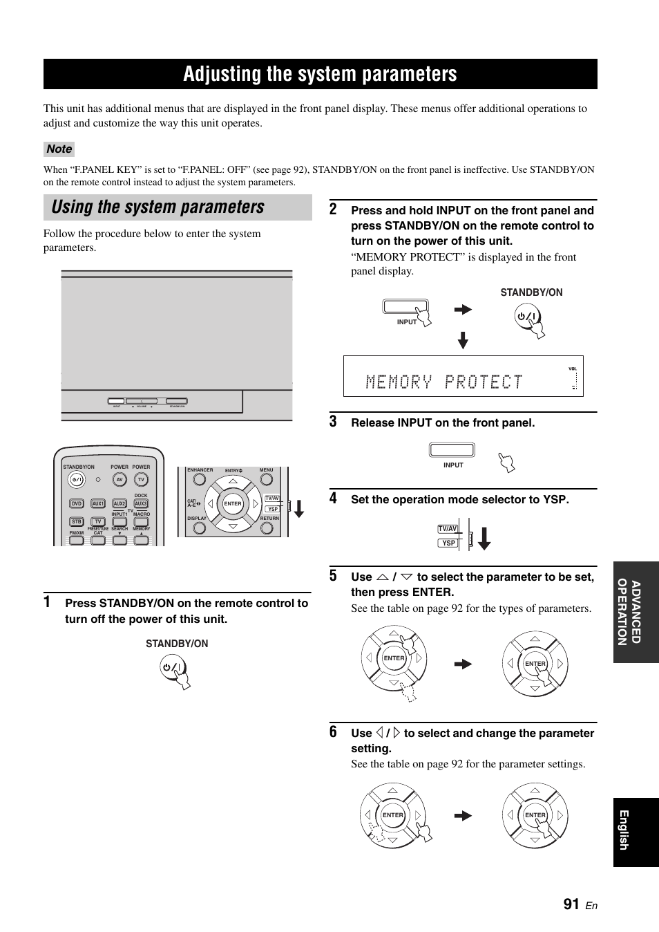 Adjusting the system parameters, Using the system parameters, Release input on the front panel | Set the operation mode selector to ysp | Yamaha Digital Sound Projector YSP-3050 User Manual | Page 95 / 118