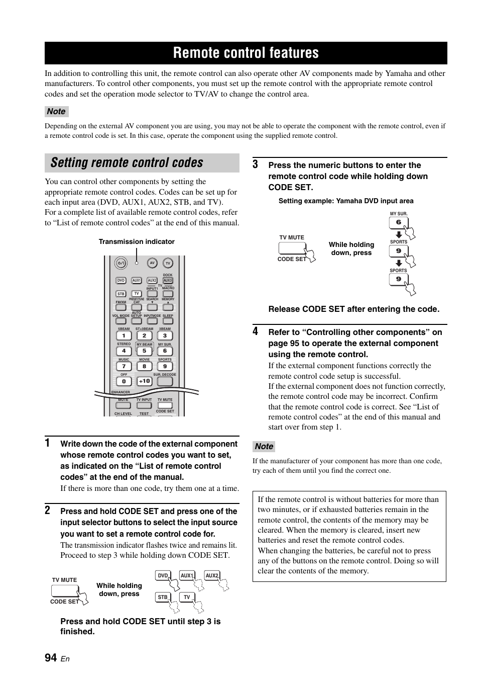 Remote control features, Setting remote control codes | Yamaha Digital Sound Projector YSP-3050 User Manual | Page 98 / 118