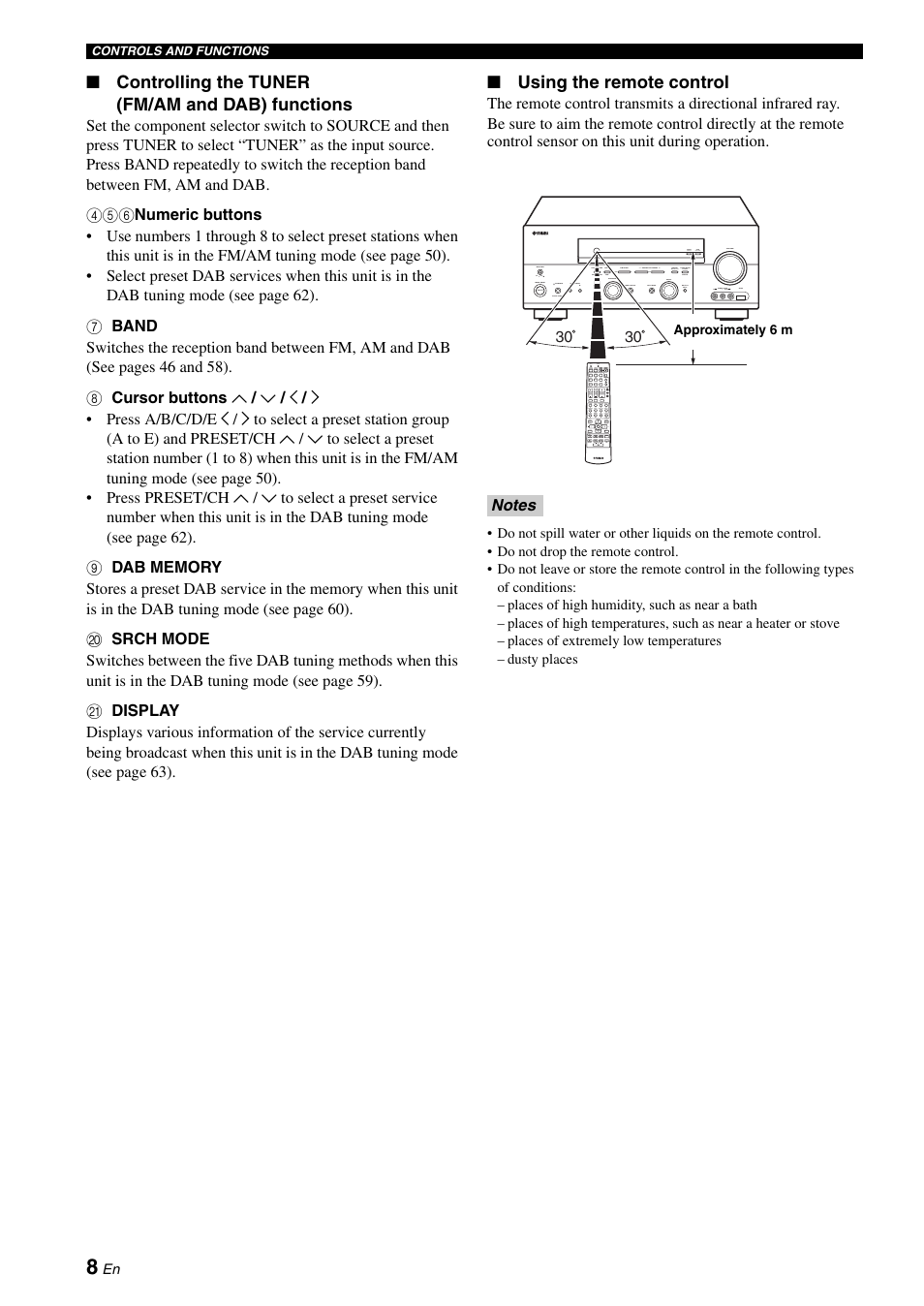 Controlling the tuner (fm/am and dab) functions, Using the remote control | Yamaha RX-N600D User Manual | Page 10 / 142