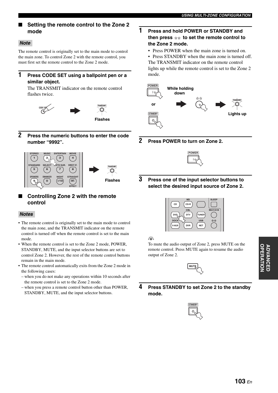 Setting the remote control to the zone 2 mode, Controlling zone 2 with the remote control, Press power to turn on zone 2 | Yamaha RX-N600D User Manual | Page 105 / 142