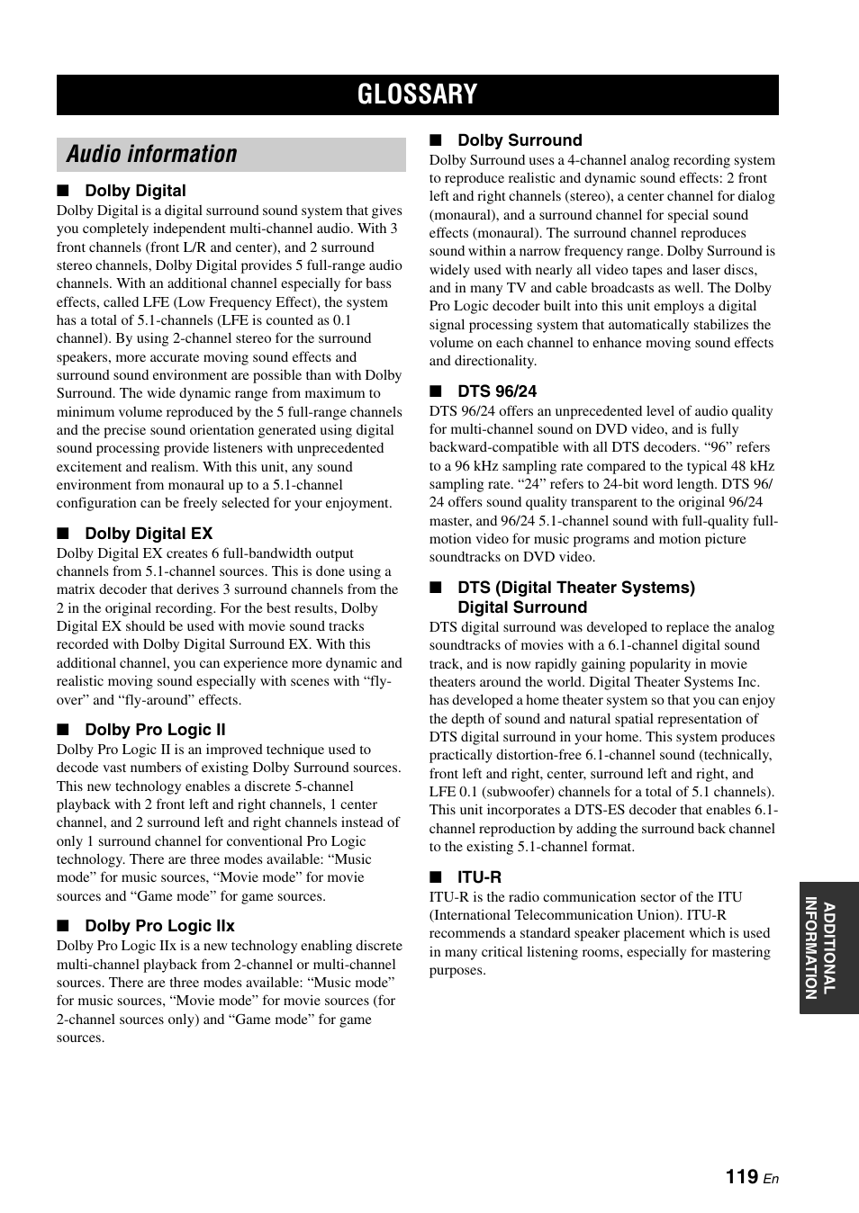 Glossary, Audio information | Yamaha RX-N600D User Manual | Page 121 / 142