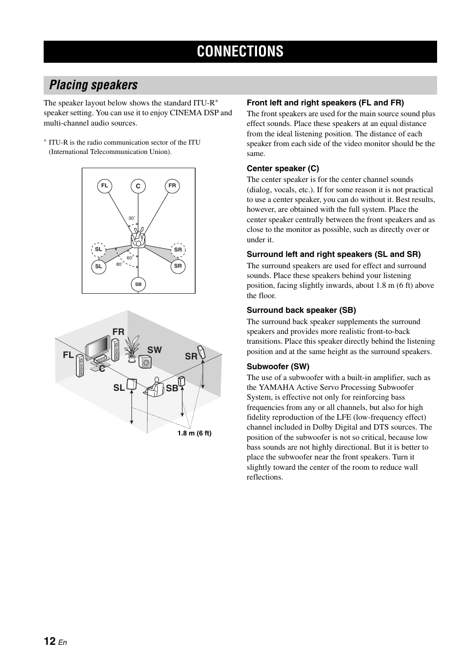 Connections, Placing speakers | Yamaha RX-N600D User Manual | Page 14 / 142