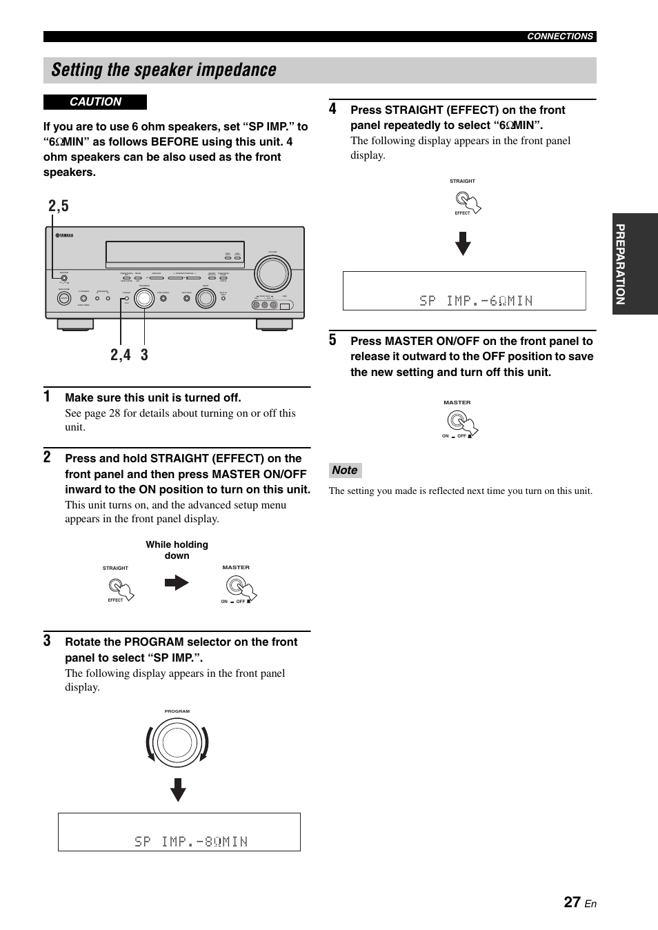 Setting the speaker impedance, Caution, Zone 2 on/off zone control effect | On off, Video l audio r, Next, Man'l/auto fm, Auto/man'l level, U.s.a. model), While holding down | Yamaha RX-N600D User Manual | Page 29 / 142