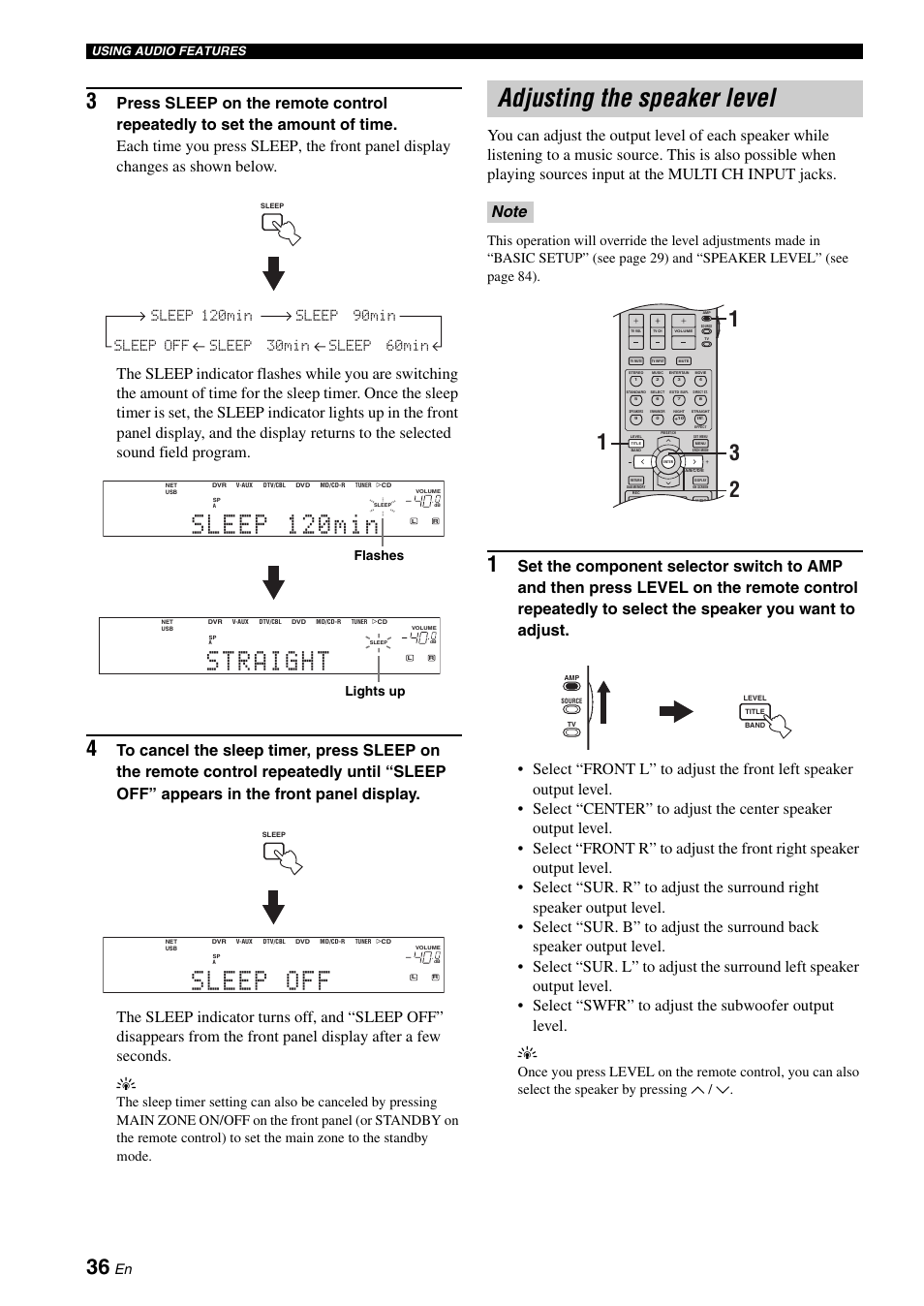 Adjusting the speaker level, Flashes, Lights up | Using audio features | Yamaha RX-N600D User Manual | Page 38 / 142