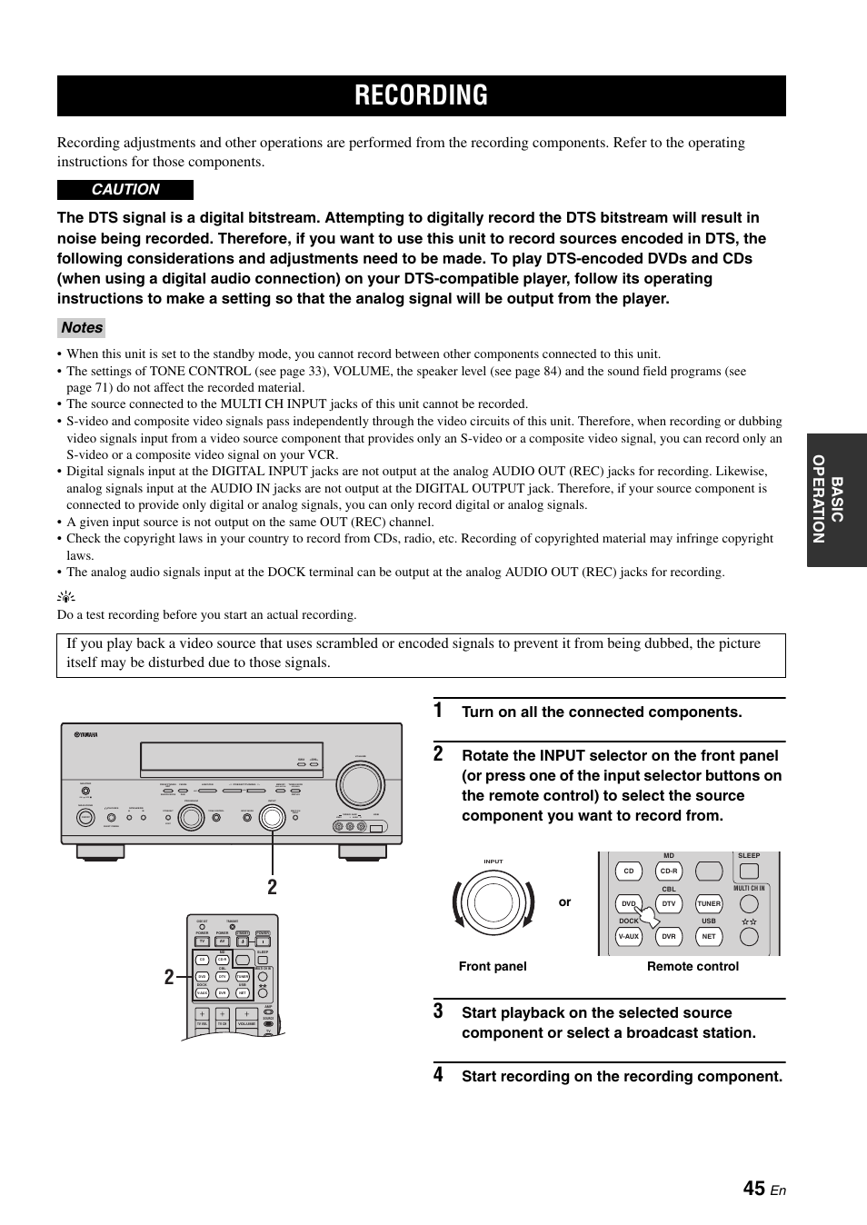 Recording, Turn on all the connected components, Start recording on the recording component | Zone 2 on/off zone control effect, On off, Video l audio r, Next, Man'l/auto fm, Auto/man'l level, Or front panel remote control | Yamaha RX-N600D User Manual | Page 47 / 142
