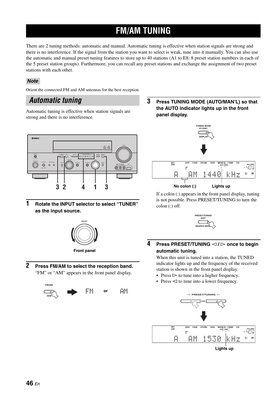 Fm/am tuning, Automatic tuning, Aa m 1 4 4 0 k h z | Aa m 1 5 3 0 k h z, Am fm, Zone 2 on/off zone control effect, On off, Video l audio r, Next, Man'l/auto fm | Yamaha RX-N600D User Manual | Page 48 / 142