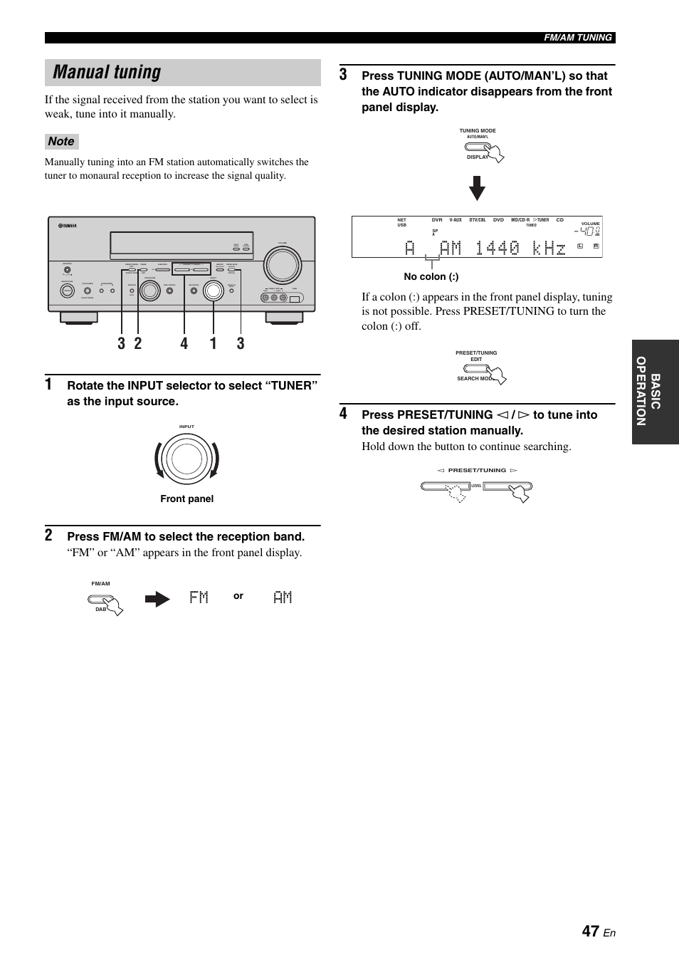 Manual tuning, Aa m 1 4 4 0 k h z, Am fm | Zone 2 on/off zone control effect, On off, Video l audio r, Next, Man'l/auto fm, Auto/man'l level | Yamaha RX-N600D User Manual | Page 49 / 142