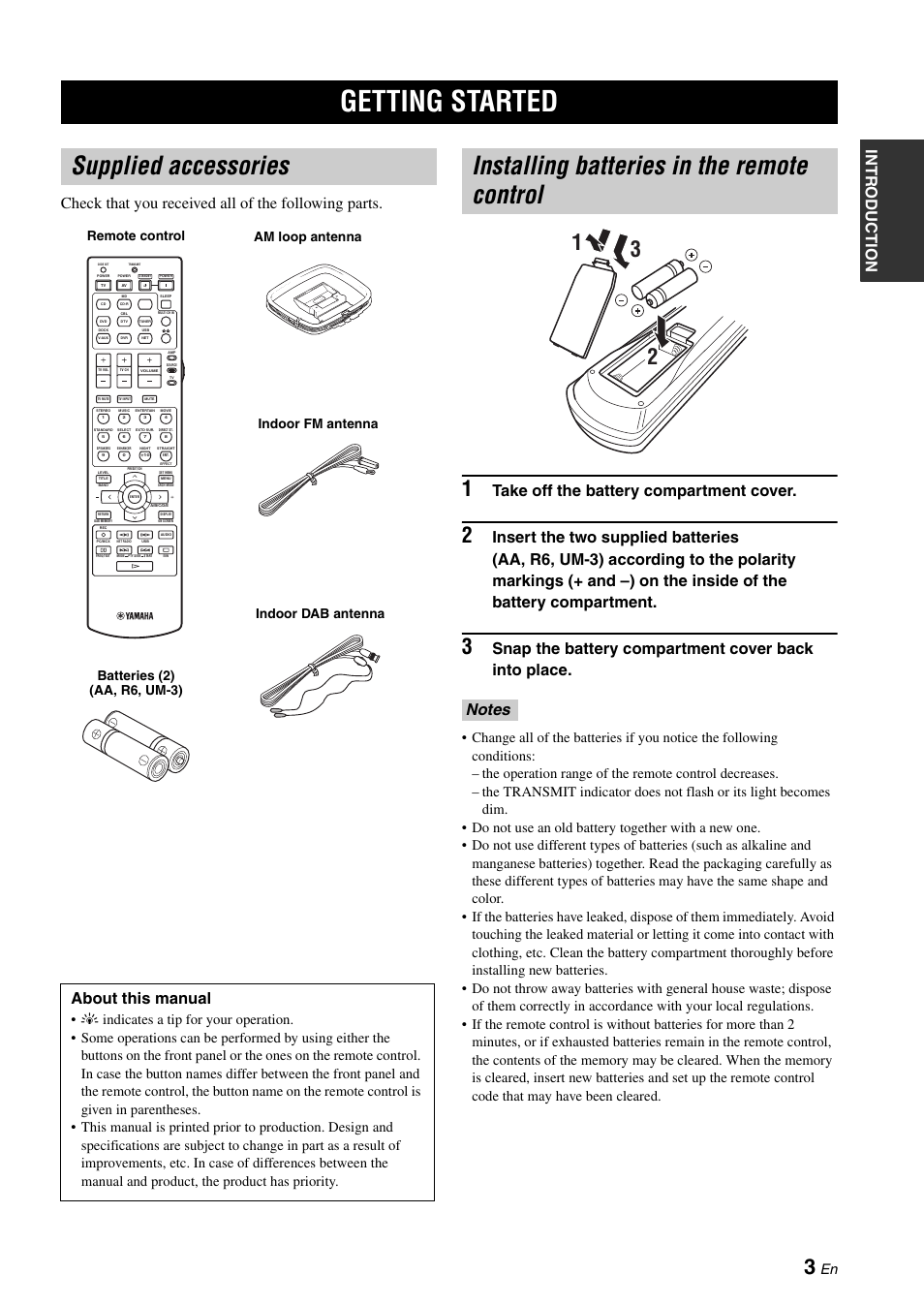 Getting started, Supplied accessories, Installing batteries in the remote control | Take off the battery compartment cover, Snap the battery compartment cover back into place, About this manual | Yamaha RX-N600D User Manual | Page 5 / 142