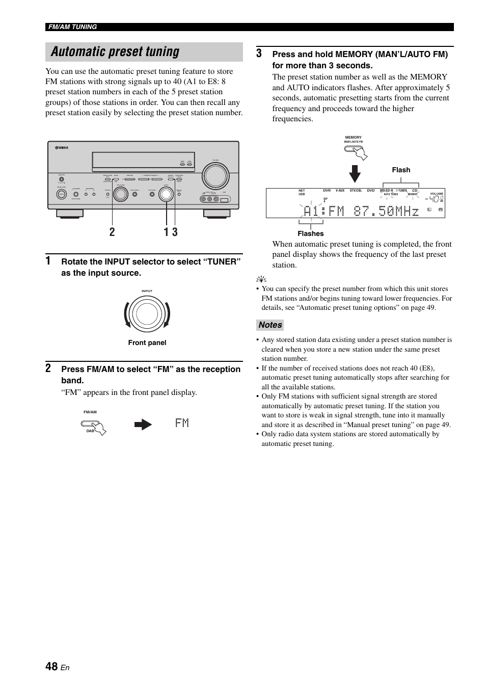 Automatic preset tuning, Zone 2 on/off zone control effect, On off | Video l audio r, Next, Man'l/auto fm, Auto/man'l level, Front panel, Flashes flash | Yamaha RX-N600D User Manual | Page 50 / 142