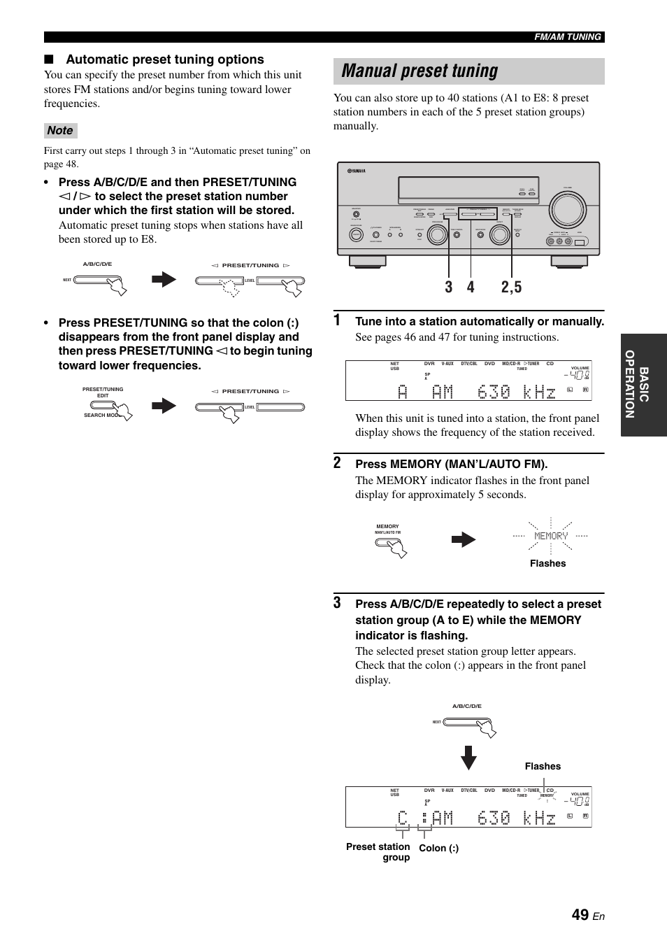 Manual preset tuning, Aa m 6 3 0 k h z, C : a m 6 3 0 k h z | Automatic preset tuning options, Zone 2 on/off zone control effect, On off, Video l audio r, Next, Man'l/auto fm, Auto/man'l level | Yamaha RX-N600D User Manual | Page 51 / 142