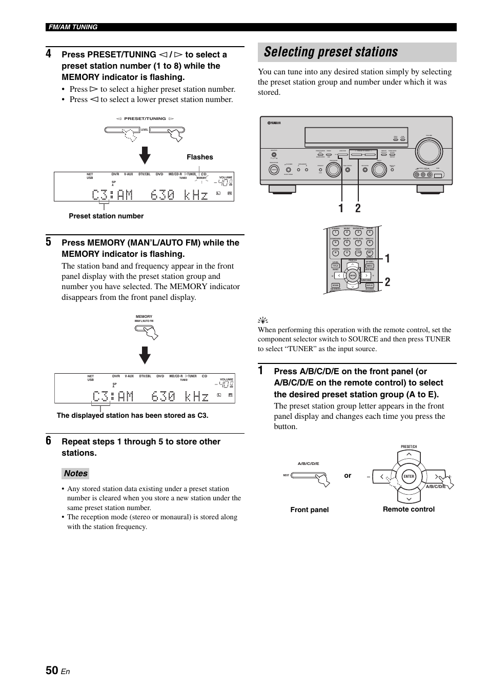 Selecting preset stations, C 3 : a m 6 3 0 k h z, Repeat steps 1 through 5 to store other stations | Zone 2 on/off zone control effect, On off, Video l audio r, Next, Man'l/auto fm, Auto/man'l level, Preset station number flashes | Yamaha RX-N600D User Manual | Page 52 / 142