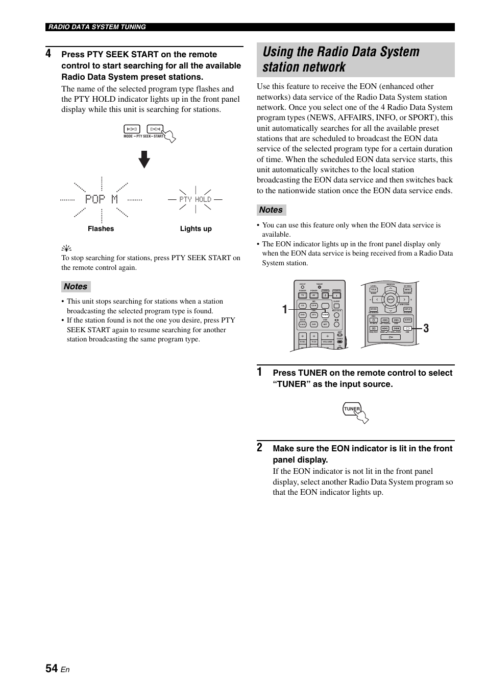 Using the radio data system station network, Pop m, Pty hold flashes lights up | Radio data system tuning | Yamaha RX-N600D User Manual | Page 56 / 142