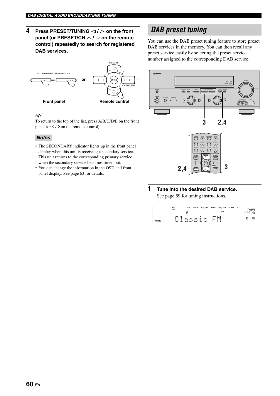 Dab preset tuning, D 60), Zone 2 on/off zone control effect | On off, Video l audio r, Next, Man'l/auto fm, Auto/man'l level, Or front panel remote control, Dab (digital audio broadcasting) tuning | Yamaha RX-N600D User Manual | Page 62 / 142