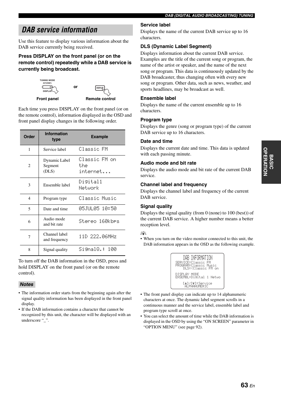 Dab service information, Dab information | Yamaha RX-N600D User Manual | Page 65 / 142