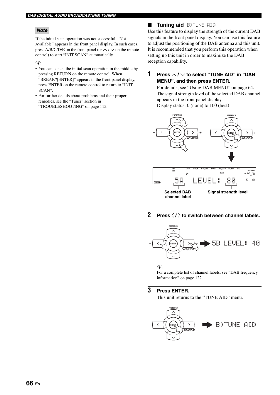 5b level: 40, B)tune aid, Tuning aid | Press j / i to switch between channel labels. y | Yamaha RX-N600D User Manual | Page 68 / 142