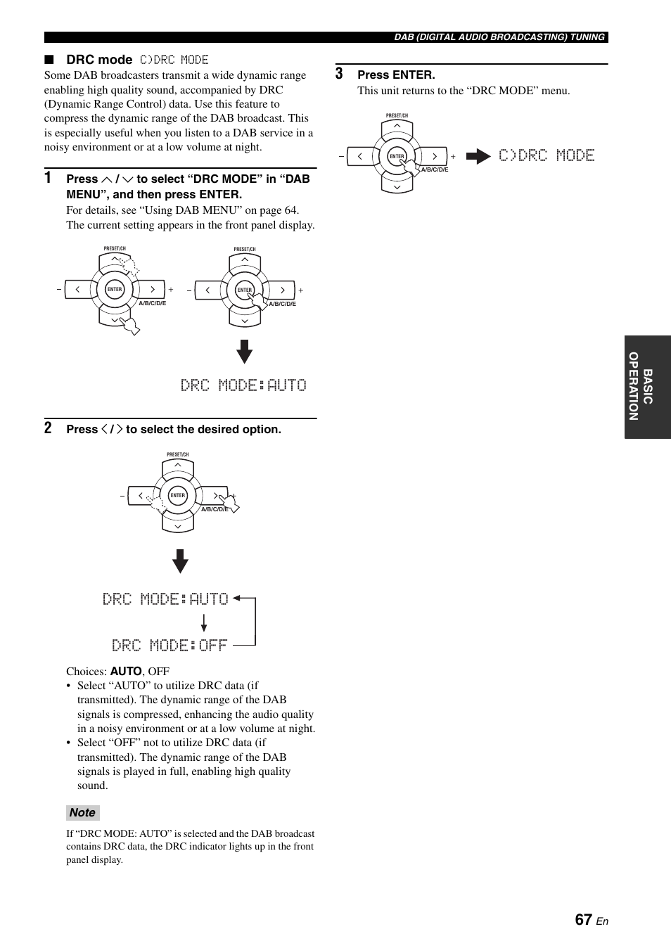 Drc mode:auto, Drc mode:off drc mode:auto, C)drc mode | Yamaha RX-N600D User Manual | Page 69 / 142