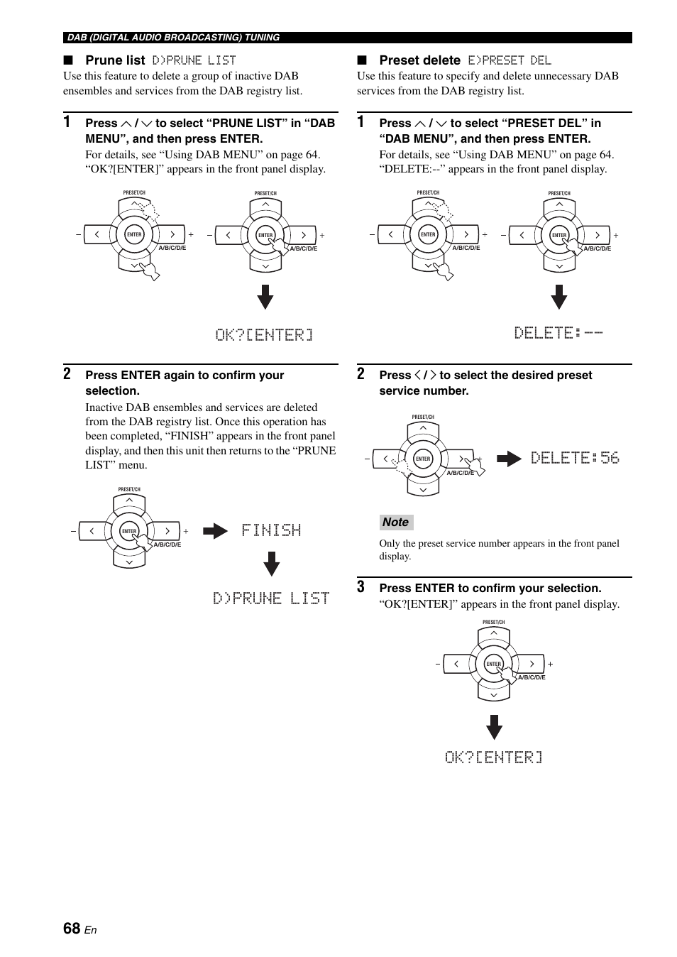 Ok?[enter, Finish d)prune list, Delete | Delete:56, Prune list, Preset delete | Yamaha RX-N600D User Manual | Page 70 / 142