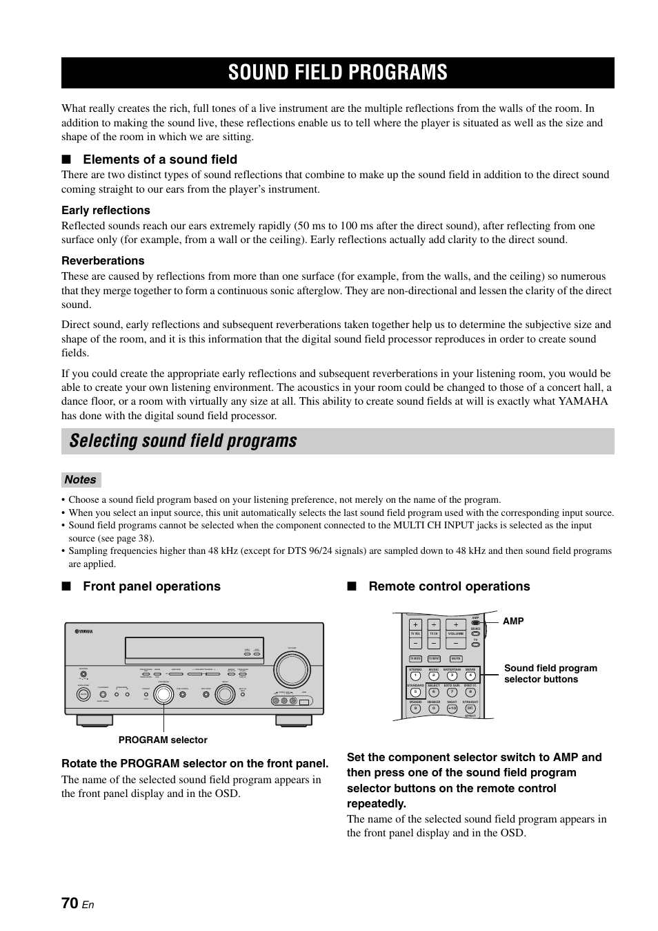 Sound field programs, Selecting sound field programs, Elements of a sound field | Front panel operations, Remote control operations, Zone 2 on/off zone control effect, On off, Video l audio r, Next, Man'l/auto fm | Yamaha RX-N600D User Manual | Page 72 / 142