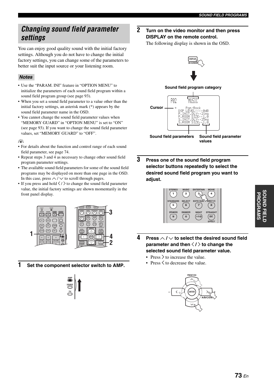 Changing sound field parameter settings, P02 music, Set the component selector switch to amp | Sound field programs | Yamaha RX-N600D User Manual | Page 75 / 142