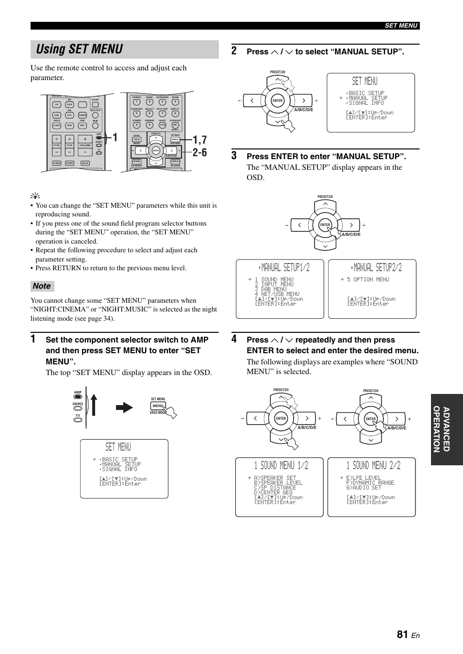 Using set menu, Set menu, Manual setup1/2 | Manual setup2/2, 1 sound menu 1/2, 1 sound menu 2/2, Press u / d to select “manual setup | Yamaha RX-N600D User Manual | Page 83 / 142
