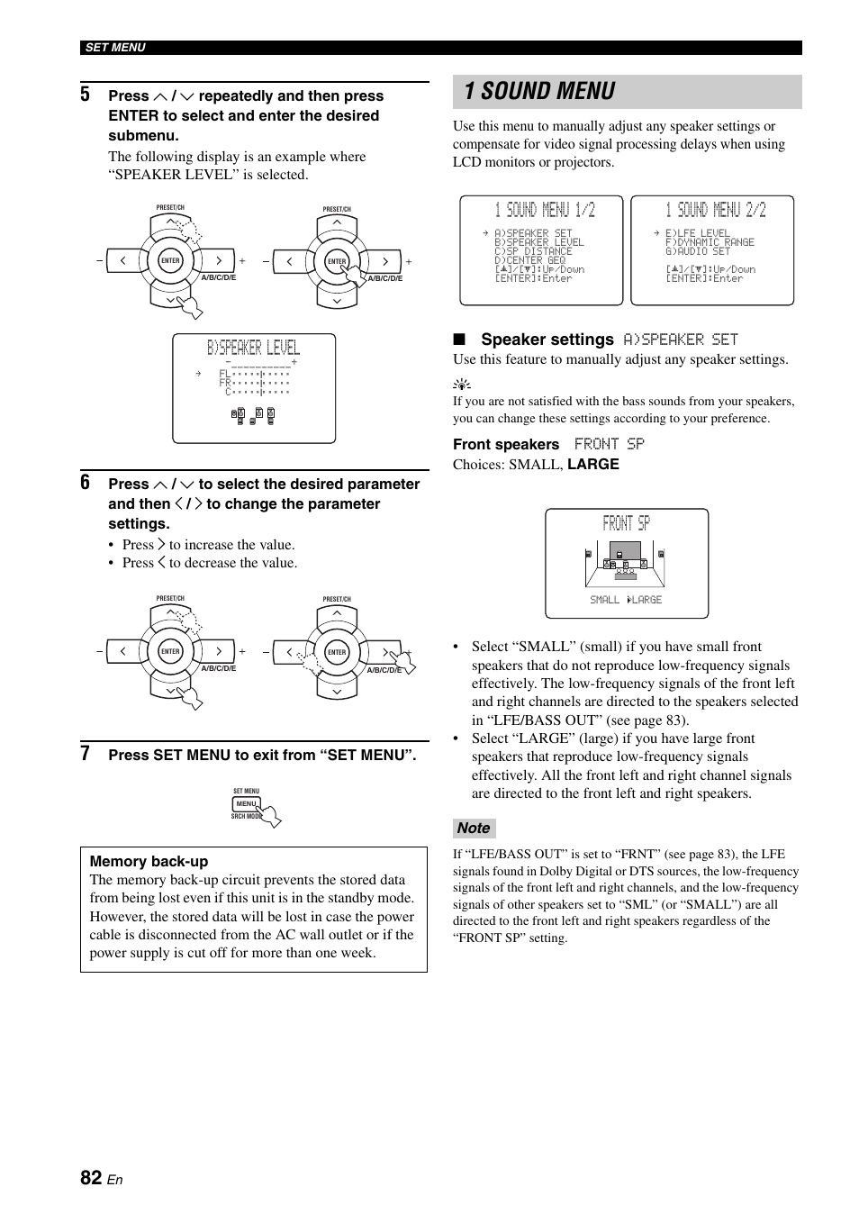 1 sound menu, B)speaker level, 1 sound menu 1/2 | 1 sound menu 2/2, Front sp, Speaker settings | Yamaha RX-N600D User Manual | Page 84 / 142