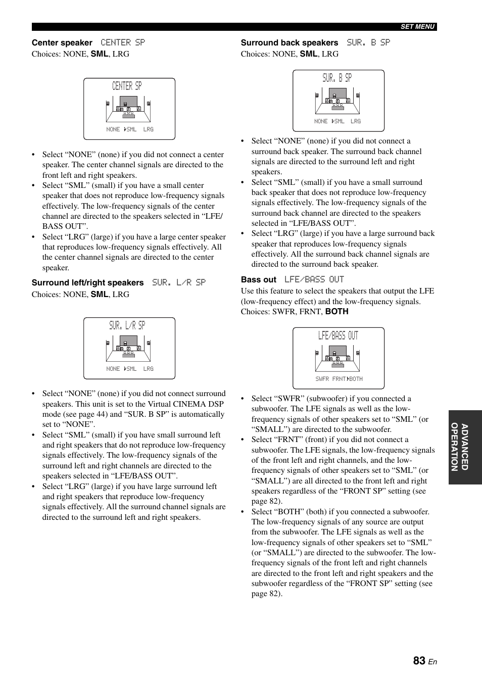 Center sp, Sur. l/r sp, Sur. b sp | Lfe/bass out | Yamaha RX-N600D User Manual | Page 85 / 142