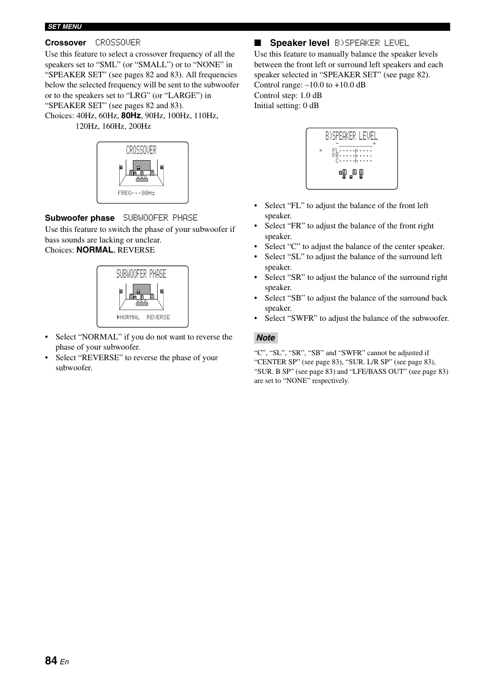 Crossover, 02a subwoofer phase, B)speaker level | Yamaha RX-N600D User Manual | Page 86 / 142