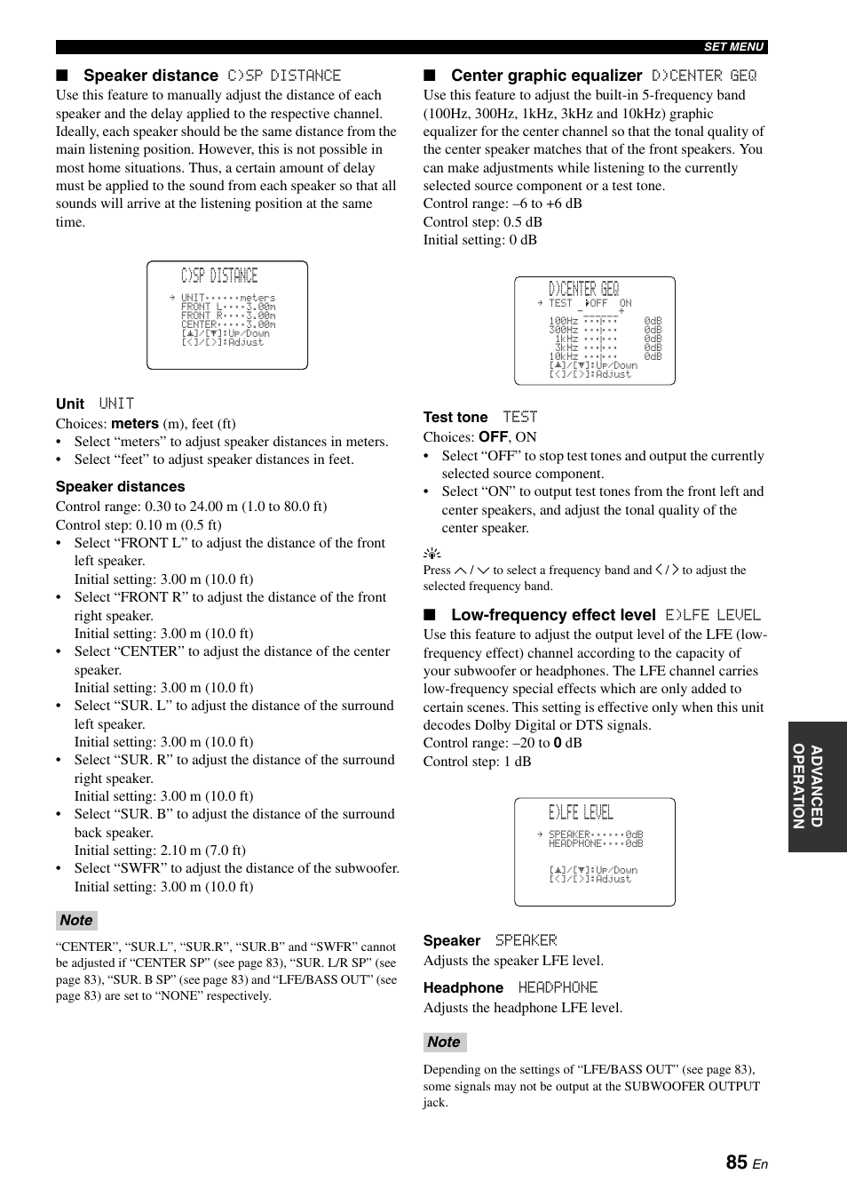 C)sp distance, D)center geq, E)lfe level | Speaker distance, Center graphic equalizer, Low-frequency effect level | Yamaha RX-N600D User Manual | Page 87 / 142