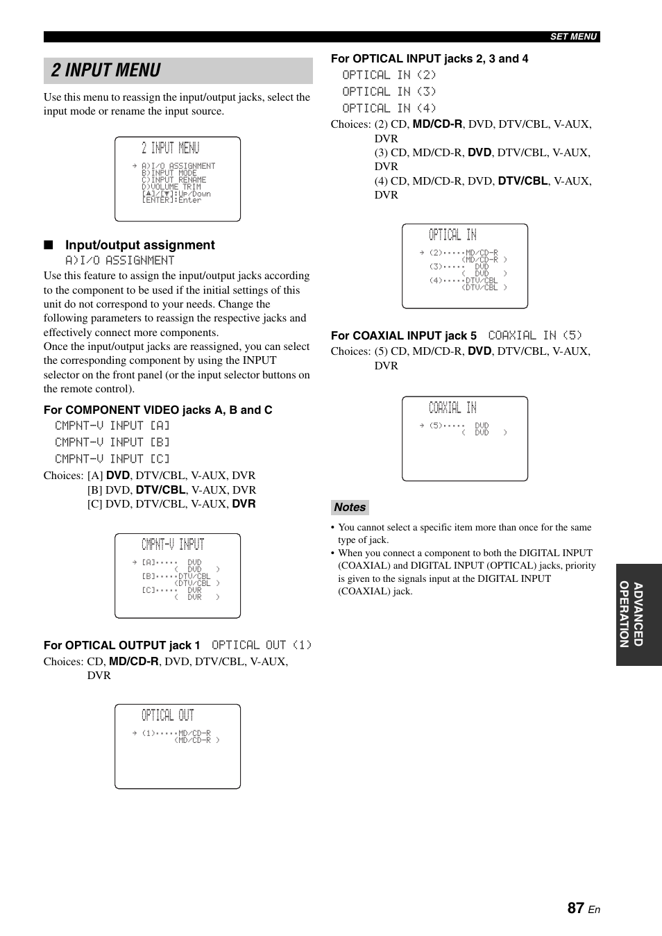 2 input menu, Cmpnt-v input, Optical out | Optical in, Coaxial in, Input/output assignment | Yamaha RX-N600D User Manual | Page 89 / 142