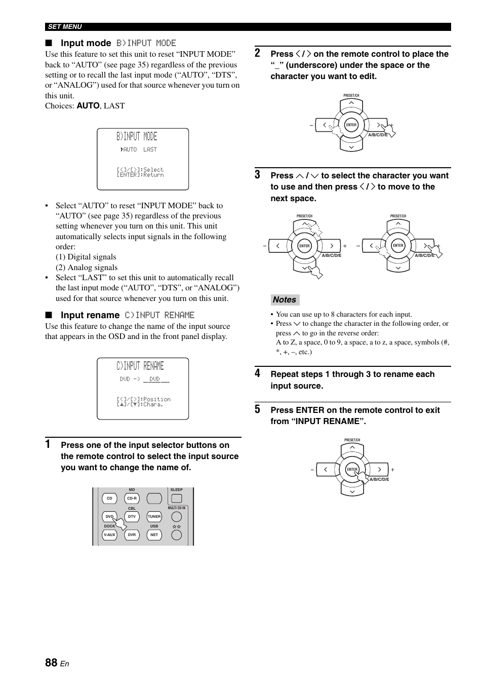 B)input mode, C)input rename, Input mode | Input rename | Yamaha RX-N600D User Manual | Page 90 / 142