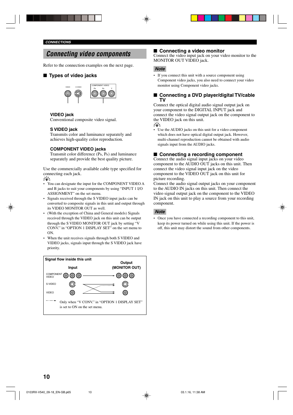 Connecting video components, Types of video jacks, Connecting a video monitor | Connecting a dvd player/digital tv/cable tv, Connecting a recording component | Yamaha RX-V540RDS User Manual | Page 12 / 67