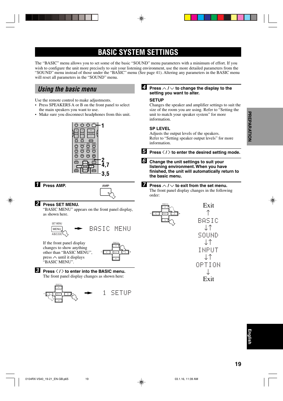 Basic system settings, Using the basic menu, Exit | Basic menu, 1setup, Basic ↓↑ sound ↓↑ input ↓↑ option, English, Prep ara tion, Press amp, Press j / i to enter the desired setting mode | Yamaha RX-V540RDS User Manual | Page 21 / 67