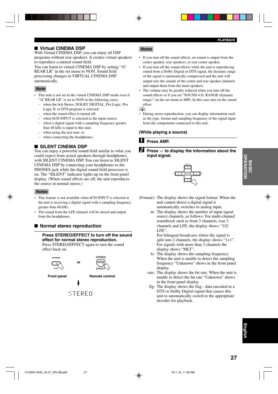 Virtual cinema dsp, Silent cinema dsp, Normal stereo reproduction | Yamaha RX-V540RDS User Manual | Page 29 / 67
