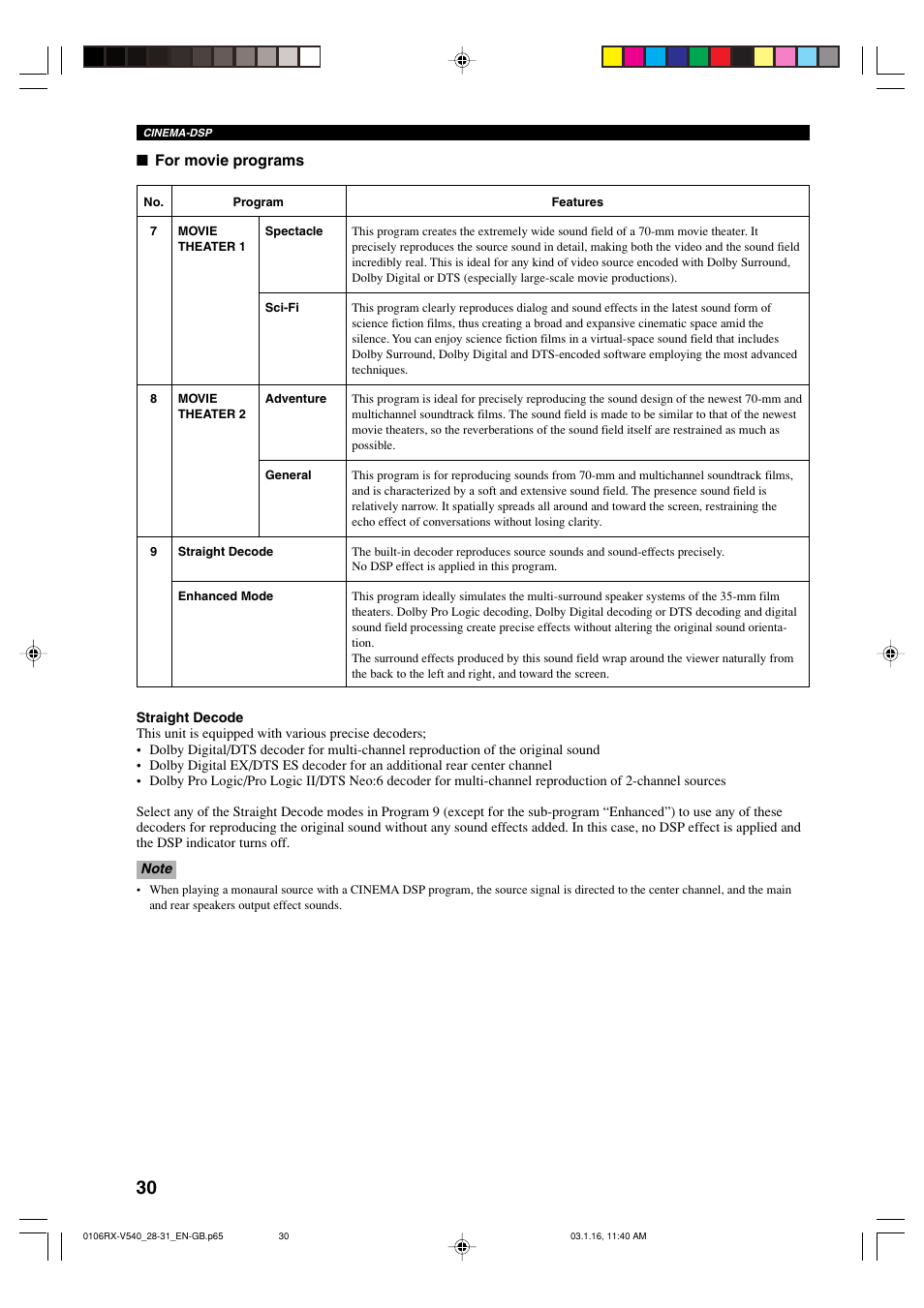 For movie programs | Yamaha RX-V540RDS User Manual | Page 32 / 67