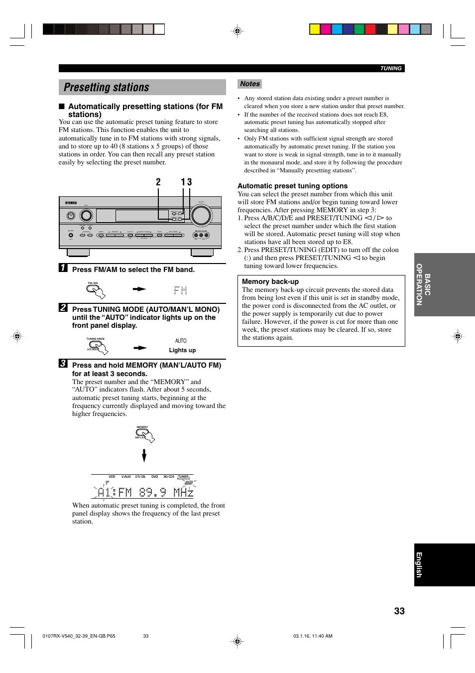 Presetting stations, A1: fm 89.9 mhz | Yamaha RX-V540RDS User Manual | Page 35 / 67