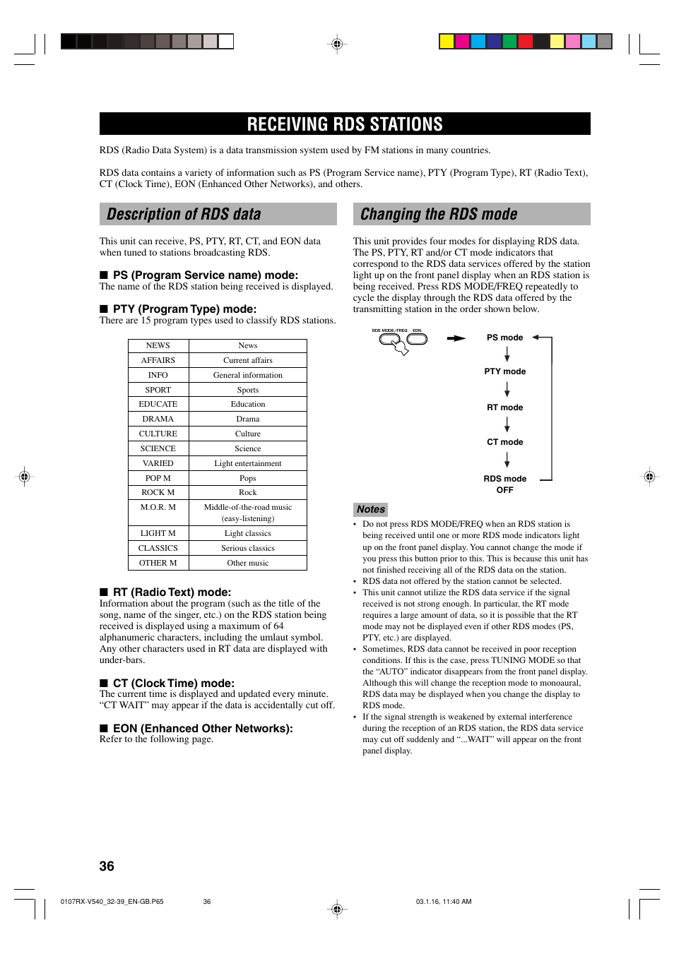 Receiving rds stations, Description of rds data, Changing the rds mode | Yamaha RX-V540RDS User Manual | Page 38 / 67