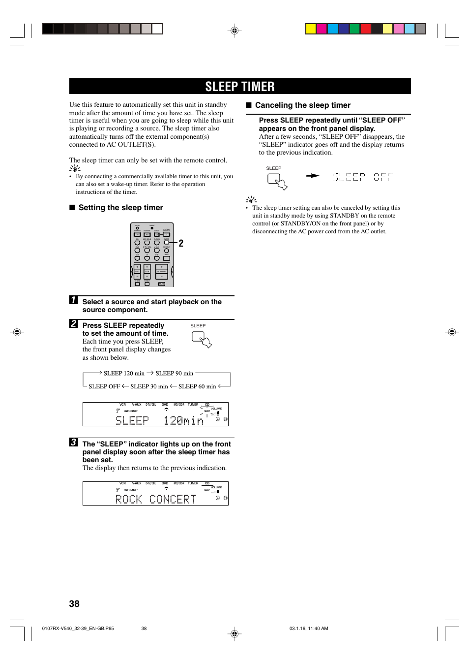 Sleep timer, Rock concert, Sleep 120min | Setting the sleep timer, Canceling the sleep timer | Yamaha RX-V540RDS User Manual | Page 40 / 67