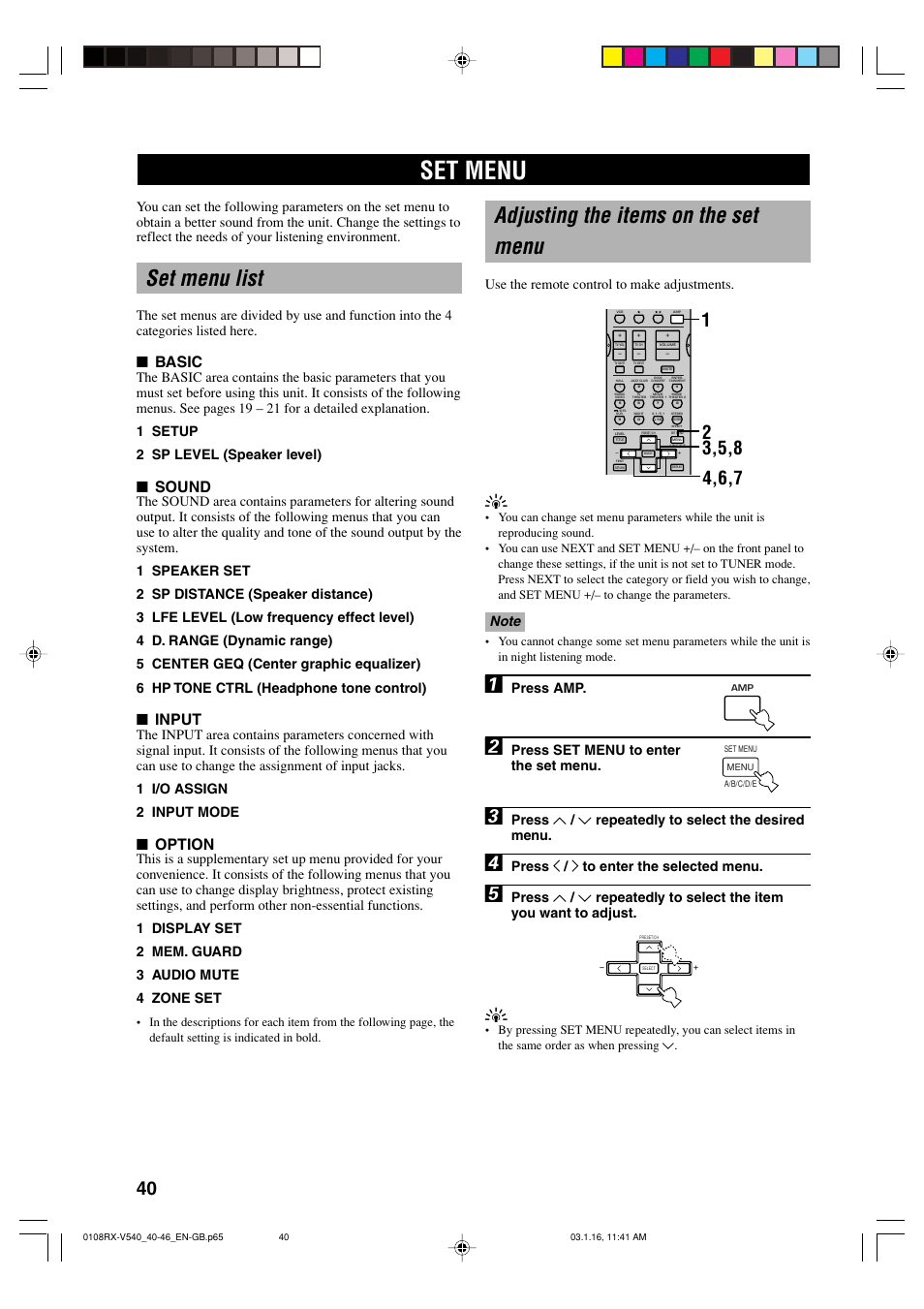 Advanced operation, Set menu, Set menu list | Adjusting the items on the set menu, Basic, Sound, Input, Option, Use the remote control to make adjustments, Press amp | Yamaha RX-V540RDS User Manual | Page 42 / 67