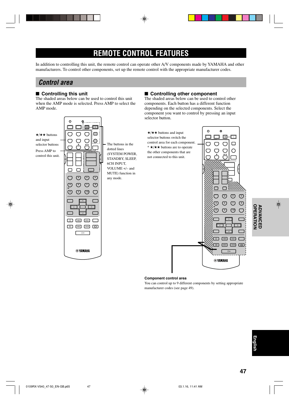 Remote control features, Control area, Controlling this unit | Controlling other component, English ad v anced opera tion | Yamaha RX-V540RDS User Manual | Page 49 / 67