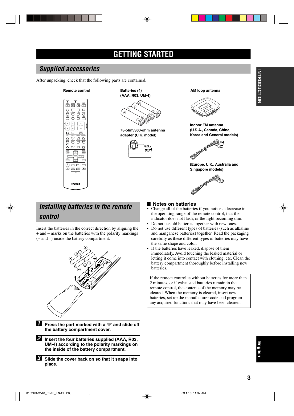 Getting started, Supplied accessories, Installing batteries in the controlremote | Installing batteries in the remote control, English intr oduction, Ohm/300-ohm antenna adapter (u.k. model) | Yamaha RX-V540RDS User Manual | Page 5 / 67