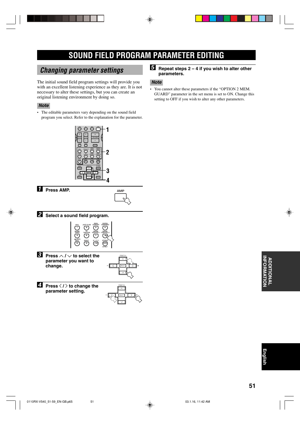 Sound field program parameter editing, Changing parameter settings, English additional informa tion | Press amp, Select a sound field program, Press j / i to change the parameter setting | Yamaha RX-V540RDS User Manual | Page 53 / 67