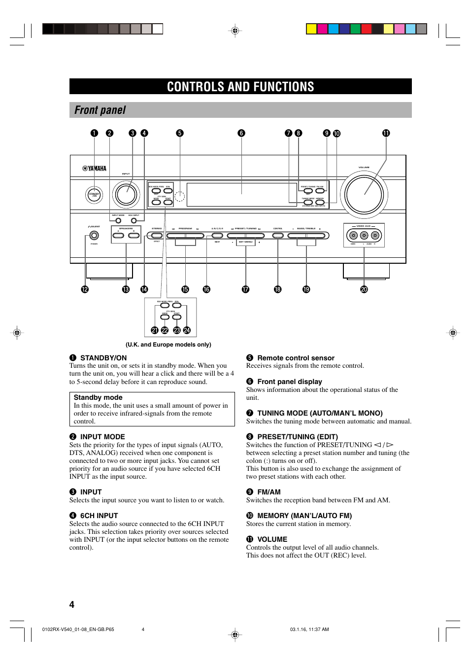 Controls and functions, Front panel, Wr y o | Yamaha RX-V540RDS User Manual | Page 6 / 67