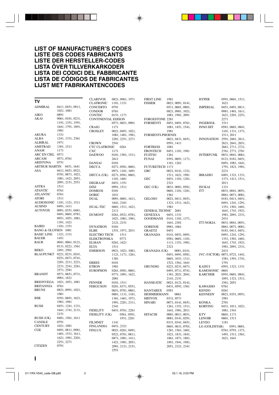 List of manufacturer’s codes | Yamaha RX-V540RDS User Manual | Page 62 / 67