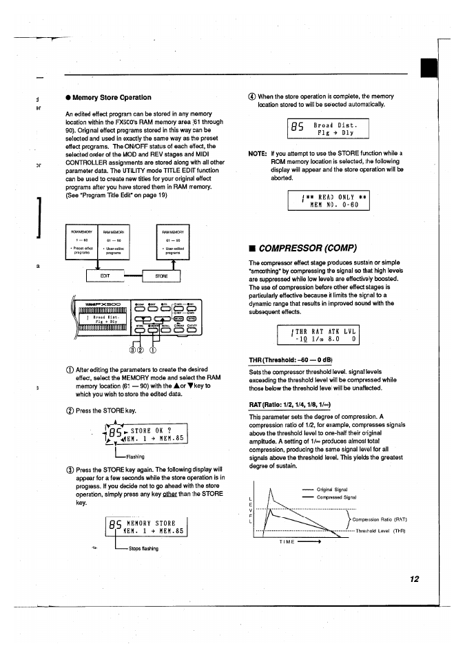 Memory store operation, Compressor (comp) | Yamaha FX500 User Manual | Page 13 / 97