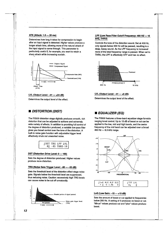 Distortion (dist), Equalizer (eq), Equalizer | Yamaha FX500 User Manual | Page 14 / 97