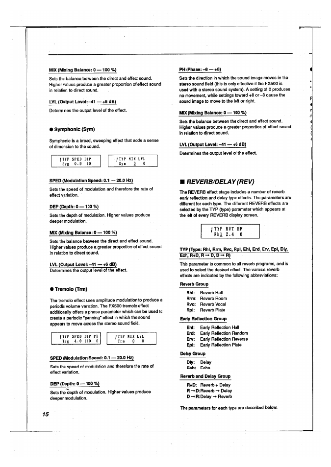 Symphonic (sym), Tremolo (trm), Reverb/delay (rev) | Reverb/delay | Yamaha FX500 User Manual | Page 16 / 97