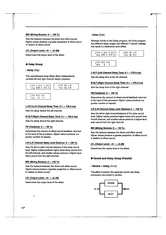 Delay group, Delay (dly), Reverb and delay group (parallel) | Reverb + delay (r-fd), Cxrr, Reverb + delay, Echo (ech) | Yamaha FX500 User Manual | Page 18 / 97