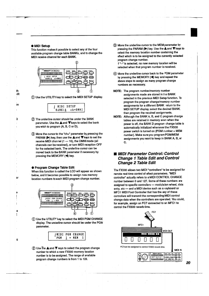 Midi setup, Program change table edit, And program change table edit | Yamaha FX500 User Manual | Page 21 / 97